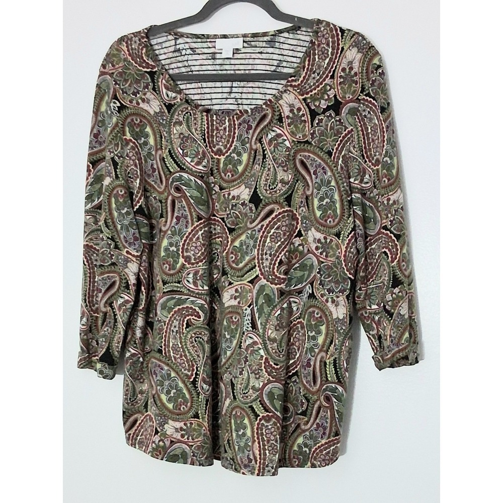 J Jill Blouse Women's Size XL Petite Paisley Smocked Back Cotton 3/4 Sleeve